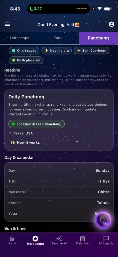 Panchang in the Sanatan app